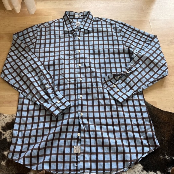 PETER MILLAR Blue Brown Squared Long Sleeve Button Down Shirt Size Large - Picture 2 of 6
